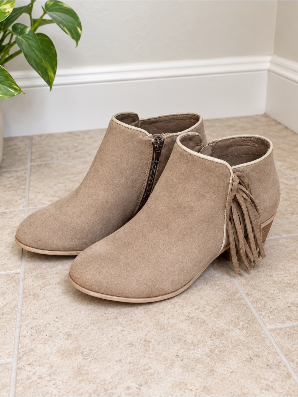 Faux Suede Fringe Ankle Booties in Taupe